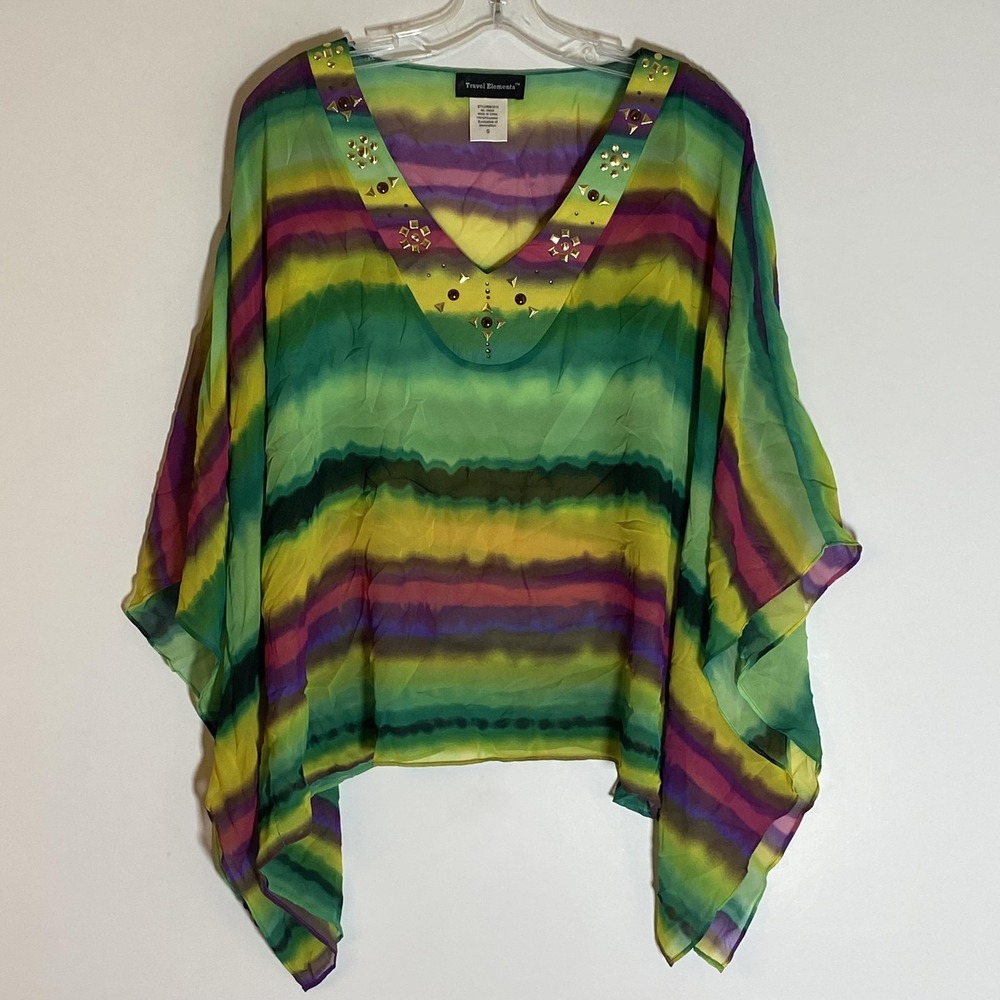 Travel Elements Top Womens Small Green Multicolor Sheer Poncho Embellished Boho